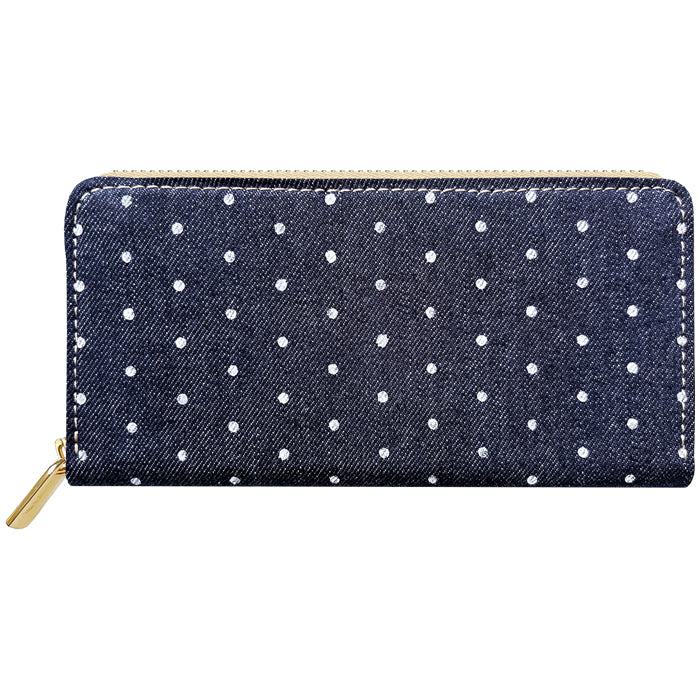 【Leo&Aoi special】 児島デニム 小さいドット ラウンド型長財布 レザー 財布 カード収納 レディース メンズ ステンシル ポルカドット 岡山 デニム 【安心の返品保証付き】