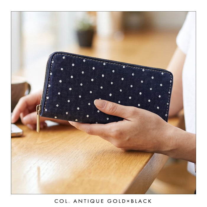 【Leo&Aoi special】 児島デニム 小さいドット ラウンド型長財布 レザー 財布 カード収納 レディース メンズ ステンシル ポルカドット 岡山 デニム 【安心の返品保証付き】
