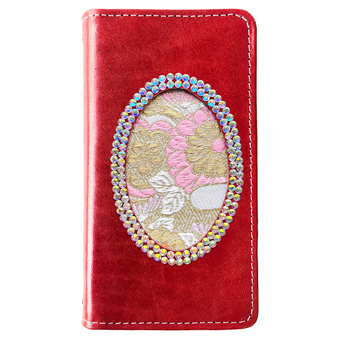 【Leo&Aoi special】 らくらくスマートフォン F-42A me F-01L ケース カバー 手帳型ケース 栃木レザー 西陣織 本革 レザー 白地エ霞菊文 「小判」 日本製 スマホケース らくらくスマートフォンme f01l f42a docomo らくらくフォン 携帯ケース 【安心の返品保証付き】
