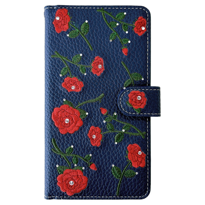 【Leo&Aoi special】  ラインストーン付き バラ 刺繍 スマホケース 手帳型ケース 100機種以上対応