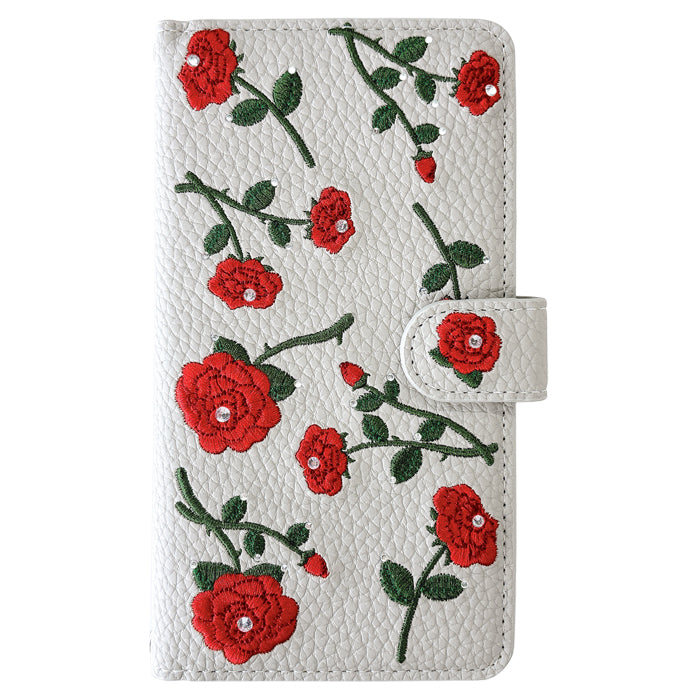 【Leo&Aoi special】  ラインストーン付き バラ 刺繍 スマホケース 手帳型ケース 100機種以上対応
